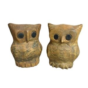 Set of 2 vintage folk art Crushed Oyster Shell Owl Sculptures Handmade